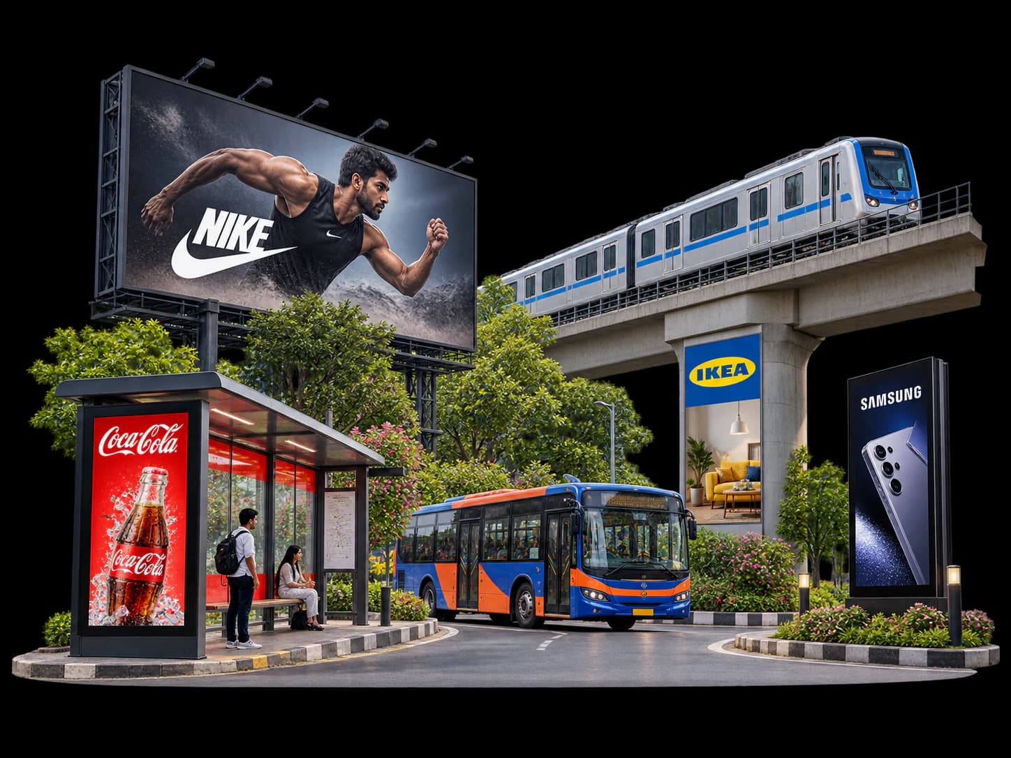 A billboard, bus shelter, metro pillar and city bus carrying brand advertising in an Indian city